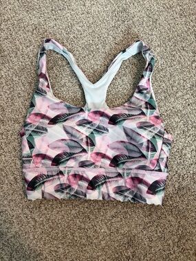JoyLab Pink and Green Leaf-Print Racerback Sports Bra